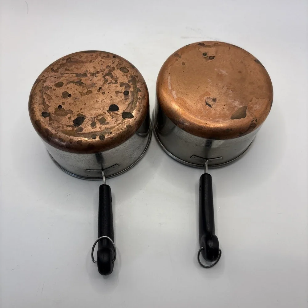 Set Of 2 Vtg 1 Cup Mini Melting Pots Stainless Copper Clad Bottoms Measuring Cup